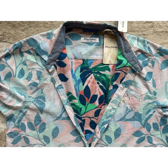 Tommy Bahama Men's XL Seersucker Nova Wave Beach Day Blooms Camp Shirt Pink Pool - Picture 5 of 9